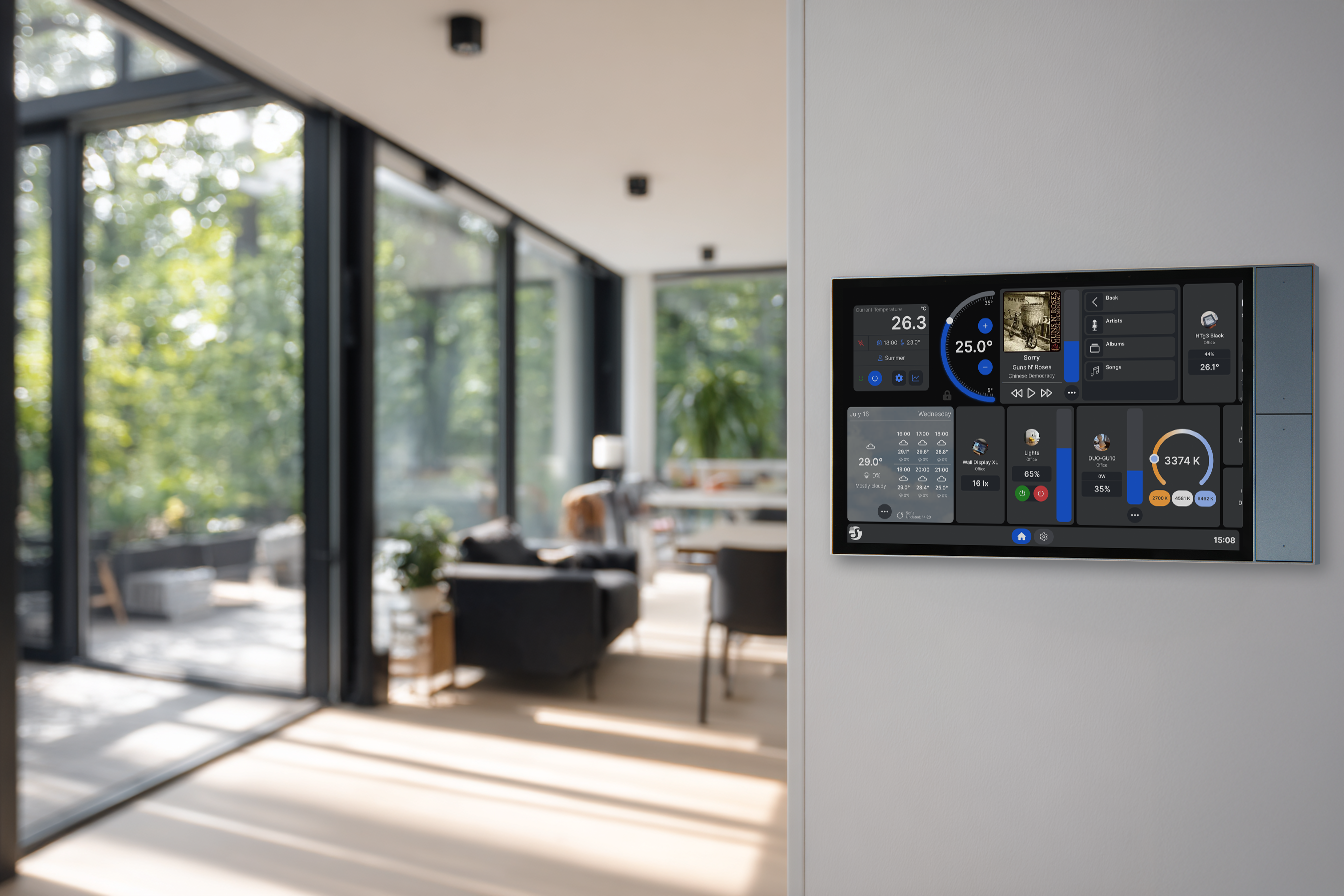 Nástěnný panel Shelly Wall Display XL ve světlém interiéru zobrazující termostat s nastavenou teplotou 25 °C, přehrávač hudby, předpověď počasí a ovládání světel