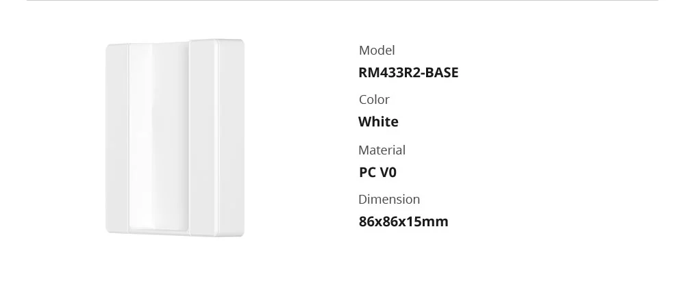 Technické parametry základny Sonoff RM433R2-BASE – materiál PC V0 a rozměry 86 × 86 × 15 mm