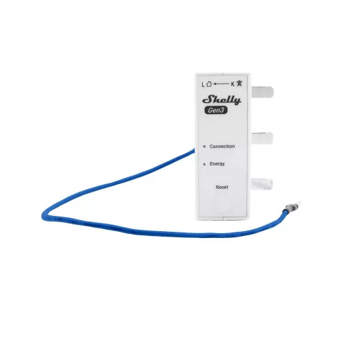 Shelly 3EM-63T Gen3 z čelní strany s plochými koncovkami, modrým vodičem nulového pole a LED indikací Connection a Energy