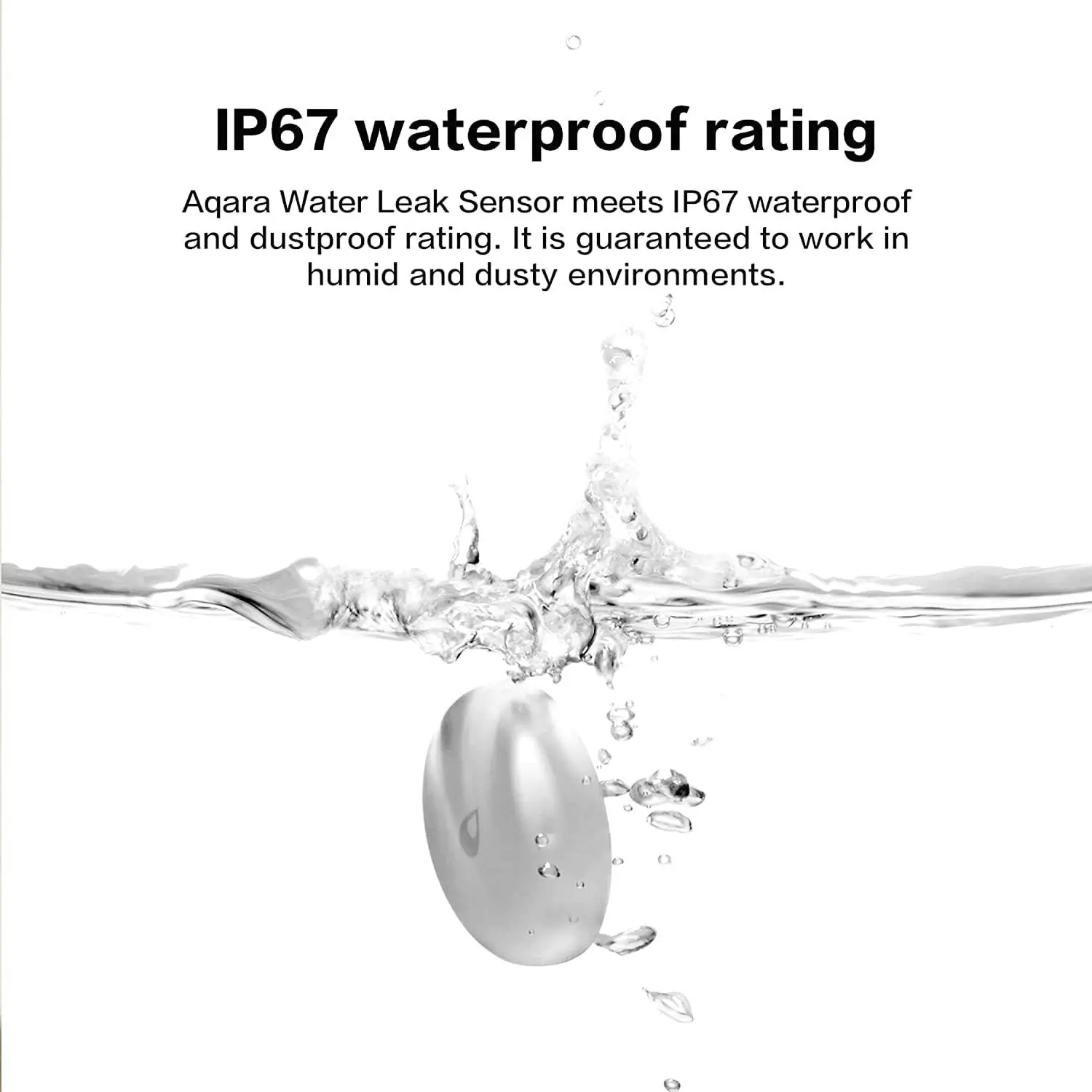 Aqara Water Leak Sensor T1 ponořený pod vodní hladinou s bublinami, ilustrace krytí IP67