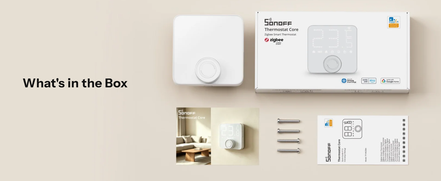 Obsah balení termostatu Sonoff Thermostat Core: termostat, krabice, 4 montážní šrouby, informační karta a stručný návod