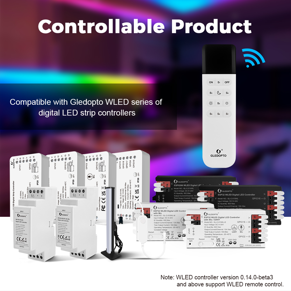 Řada kompatibilních WLED kontrolérů Gledopto pro digitální LED pásky včetně modelů na DIN lištu, s ovladačem GL-RC-002WL