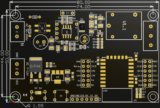 Rozměrový výkres desky ESP8266 relé modulu 80 x 50 mm s roztečí montážních otvorů 74 x 44 mm a popisem pinů GPIO lišt