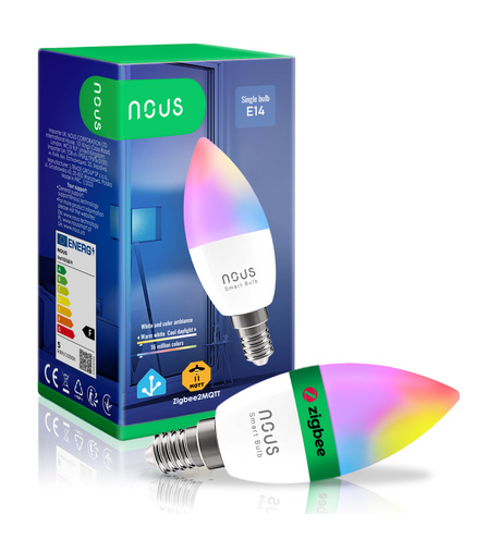 Žárovka Nous P4Z E14 se zeleným proužkem Zigbee a prodejní krabice Single bulb E14