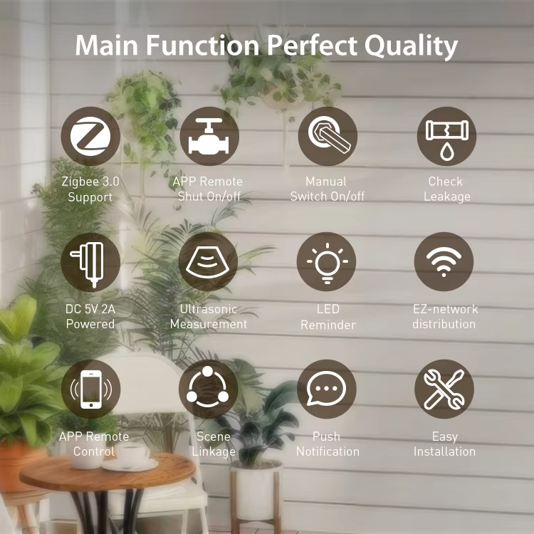 Přehled hlavních funkcí ventilu: Zigbee 3.0, dálkové a ruční ovládání, detekce úniku, ultrazvukové měření, LED indikace, scénáře a notifikace