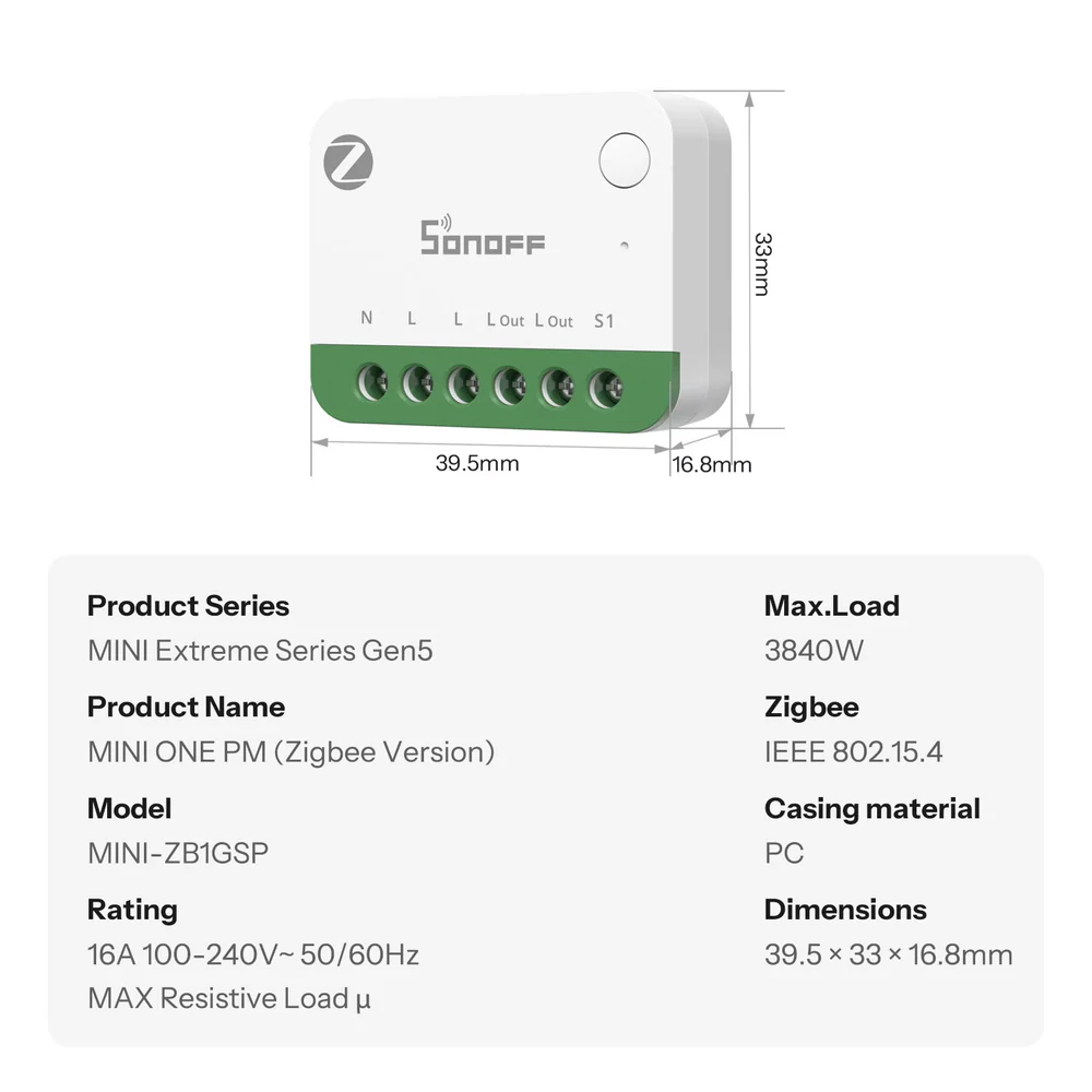Rozměrové schéma a specifikace MINI-ZB1GSP: 39,5 × 33 × 16,8 mm, 16 A, 100–240 V, maximální zátěž 3840 W a Zigbee