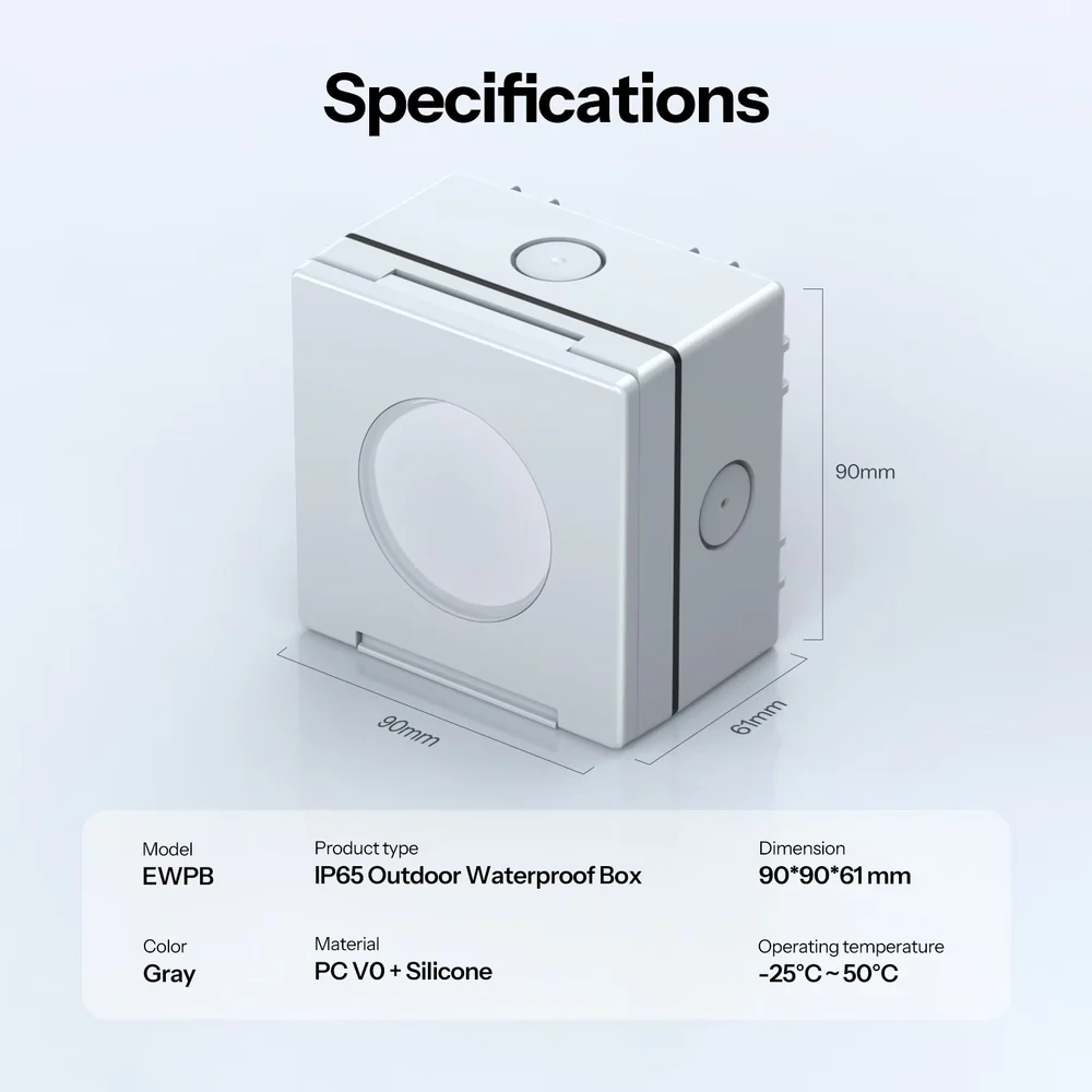 Specifikace boxu EWPB s rozměry 90 × 90 × 61 mm, materiálem PC V0 a silikon a provozní teplotou -25 až 50 °C