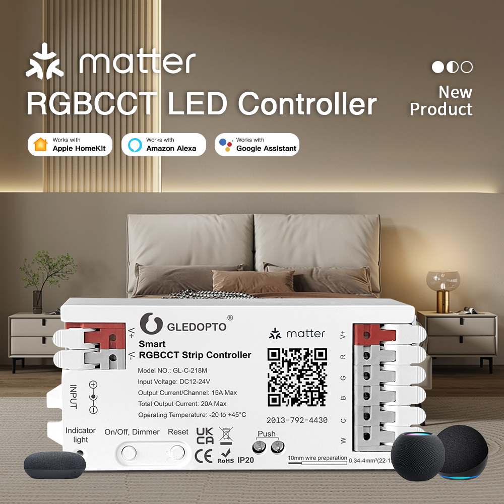 Gledopto Smart RGBCCT Strip Controller GL-C-218M s logem Matter a kompatibilitou Apple HomeKit, Amazon Alexa a Google Assistant