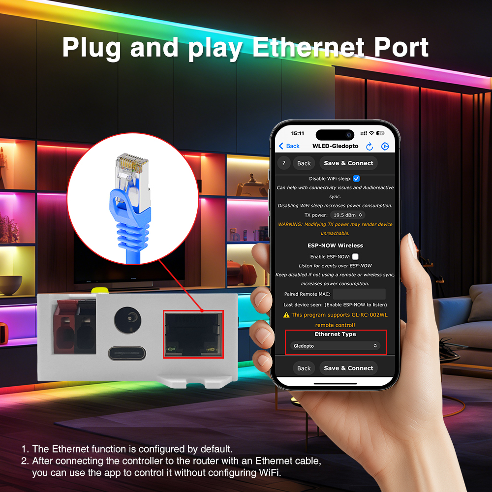 Port Ethernet na kontroléru s připojeným kabelem a nastavení WLED v telefonu s volbou typu Ethernet a sekcí ESP-NOW