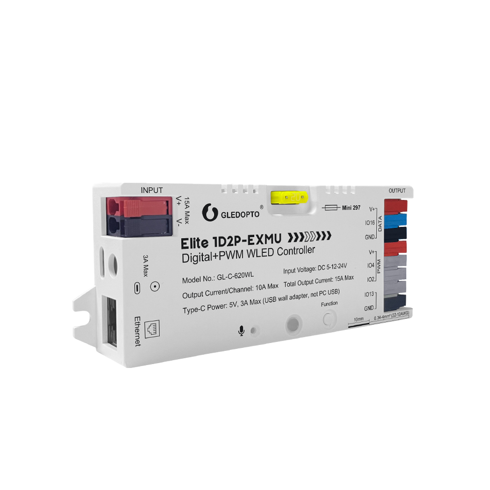 Kontrolér Gledopto Elite 1D2P-EXMU s barevnými pružinovými svorkami výstupů DATA a PWM, žlutou pojistkou a portem Ethernet