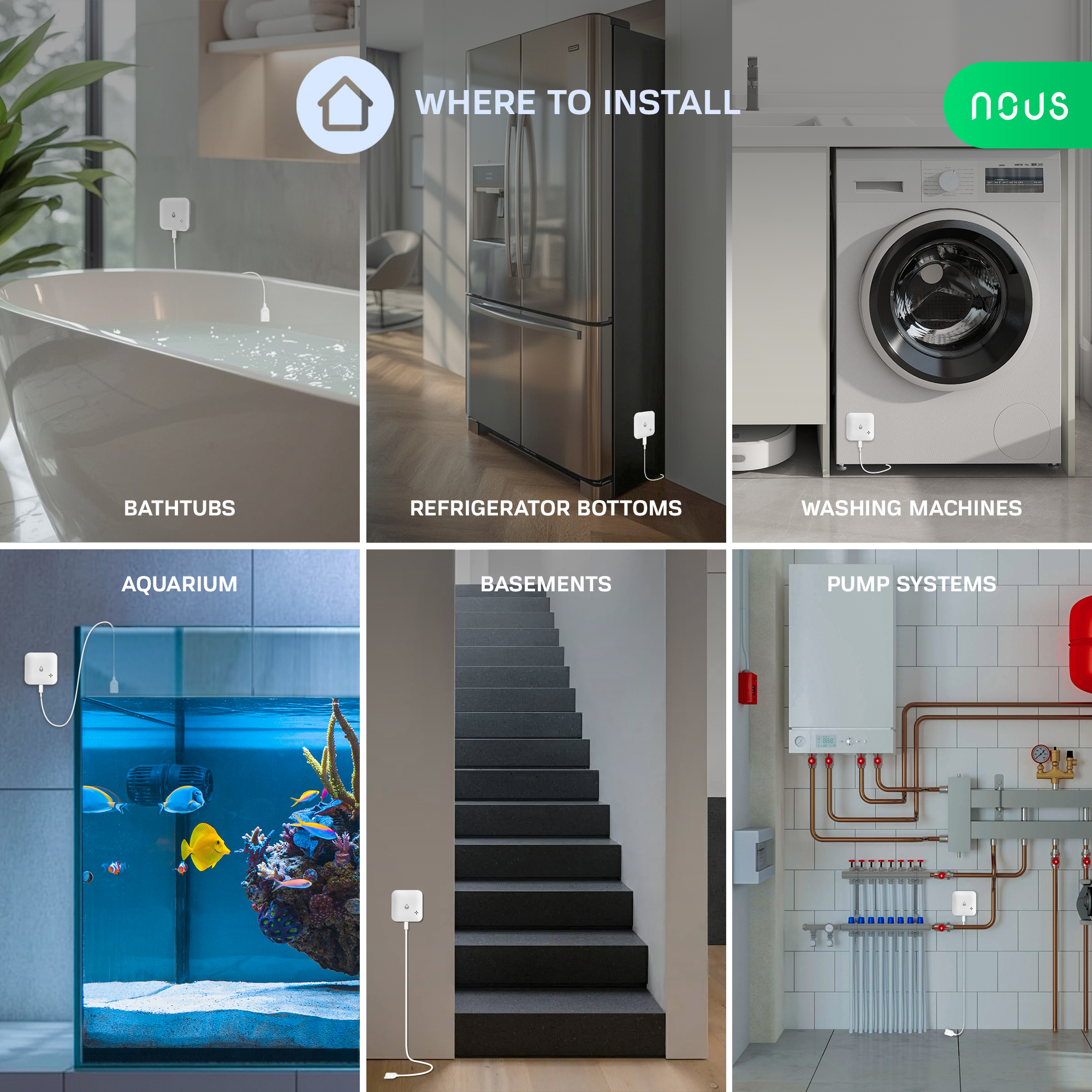 NOUS E13 – příklady instalace u vany, pračky, akvária, ve sklepě a u kotle