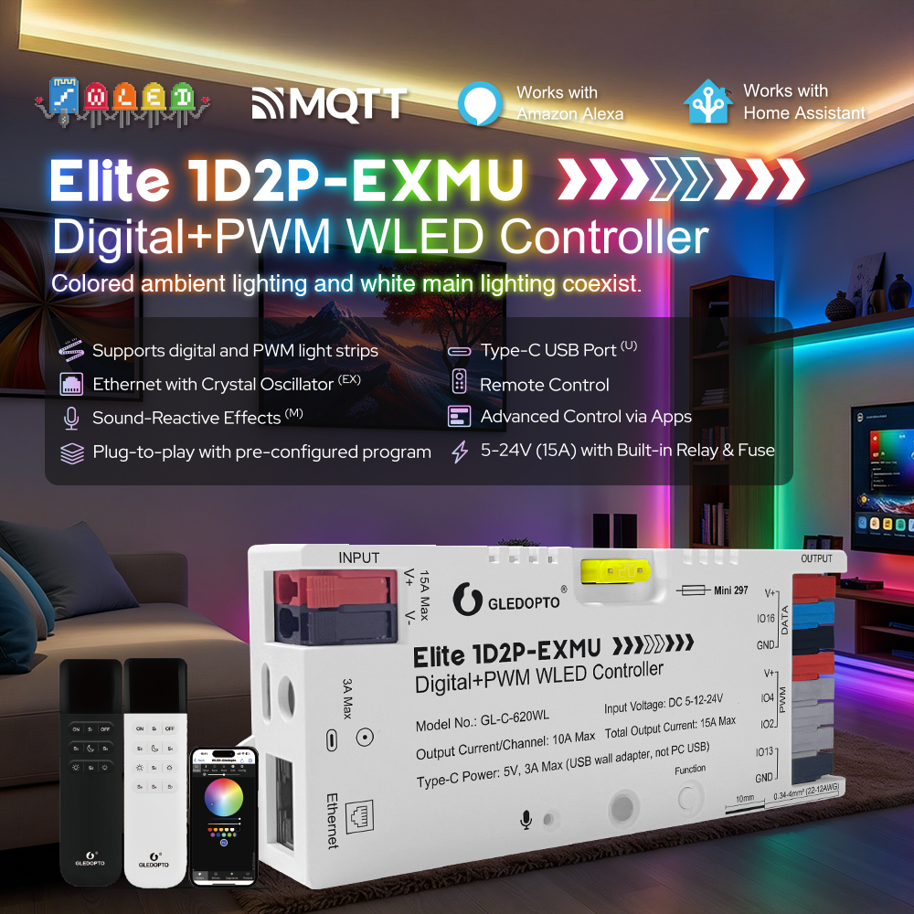 WLED kontrolér Gledopto Elite 1D2P-EXMU s dálkovými ovladači a telefonem v obývacím pokoji s barevným LED podsvícením