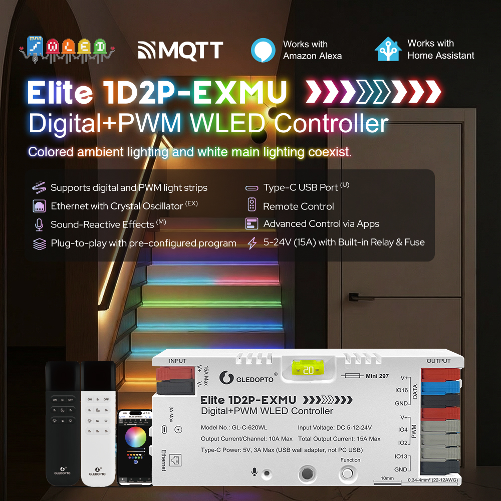Schodiště s barevným digitálním LED páskem pod stupni a kontrolér Gledopto Elite 1D2P-EXMU s dálkovými ovladači