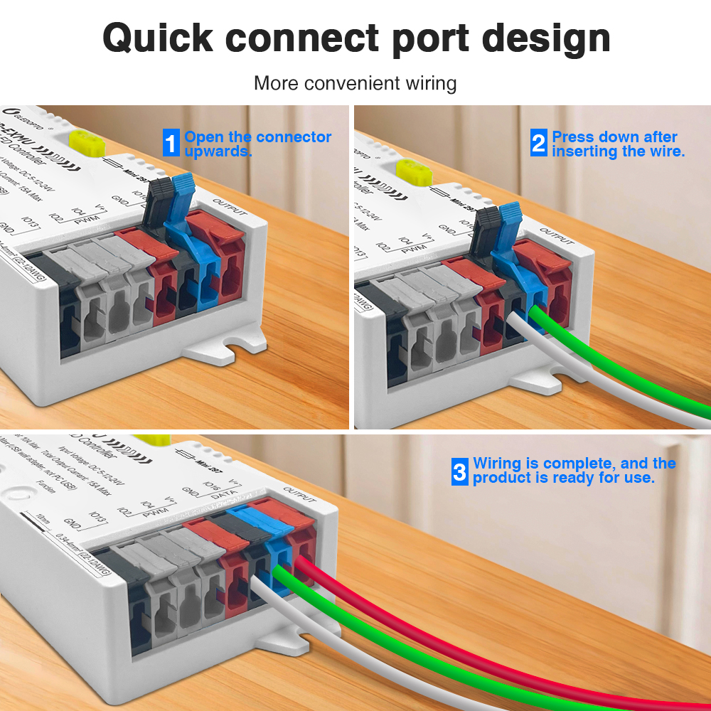 Postup zapojení vodičů do pružinových svorek Quick Connect: zvednutí páčky, vložení vodiče a zaklapnutí