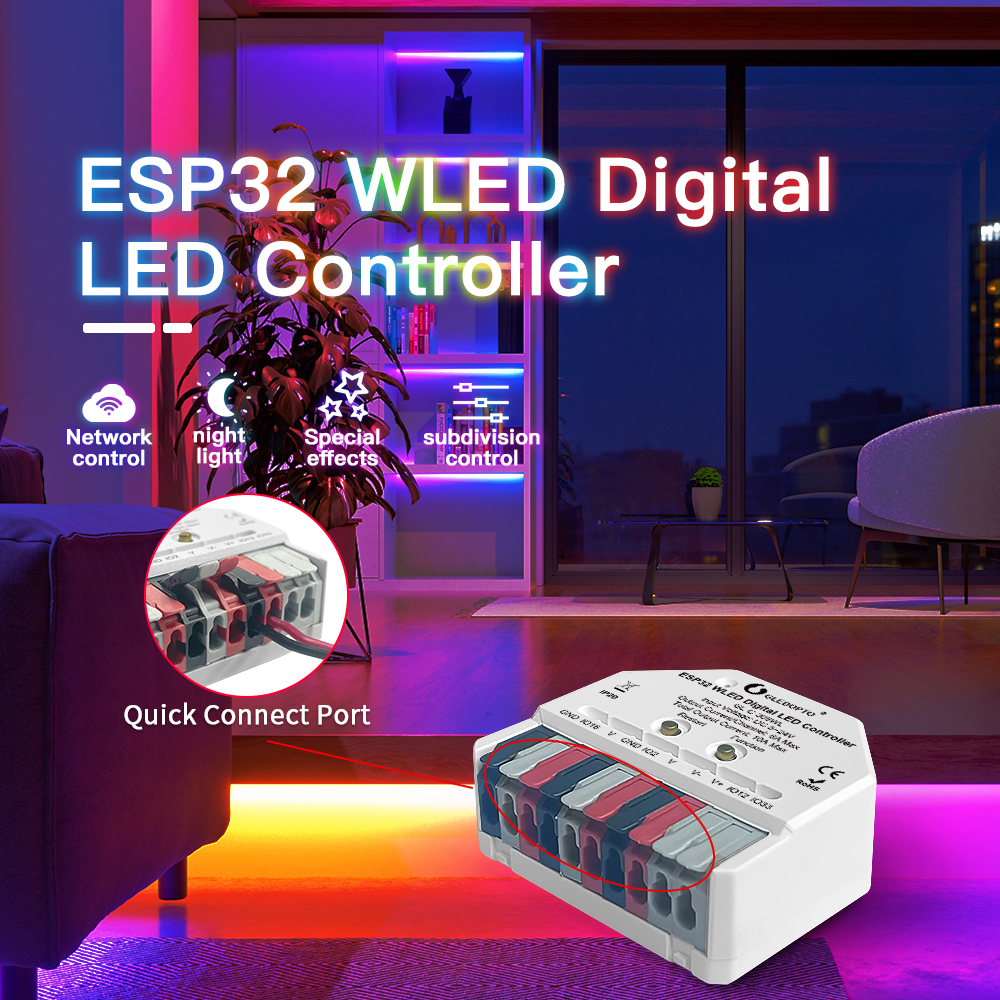 Mini WLED kontrolér Gledopto s pružinovými svorkami v obývacím pokoji s barevným LED podsvícením