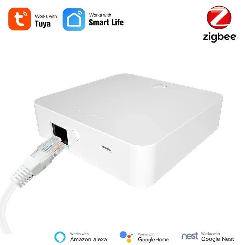 Bílá Zigbee LAN brána VAREO se zapojeným síťovým kabelem RJ45 a logy kompatibility Tuya, Smart Life, Amazon Alexa, Google Home a Google Nest