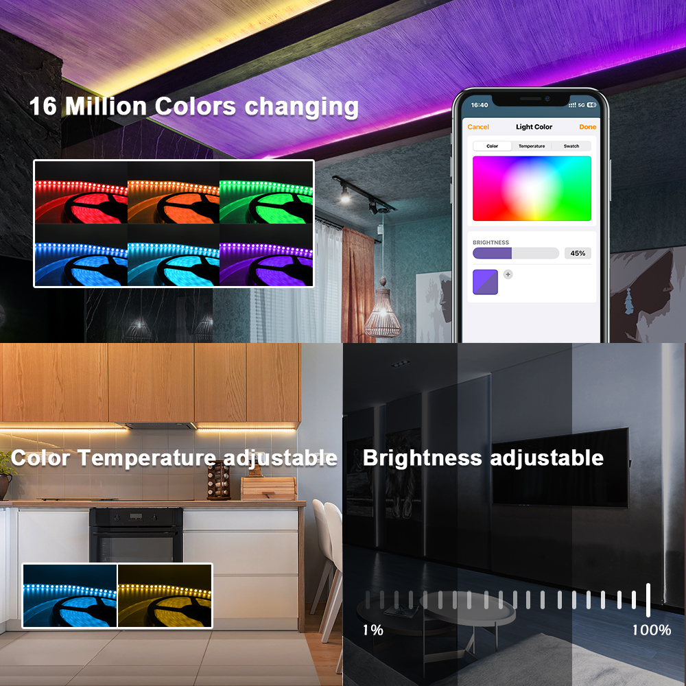 Ukázka změny barev RGB pásku, nastavení teploty bílé v kuchyni a regulace jasu od 1 do 100 % v aplikaci
