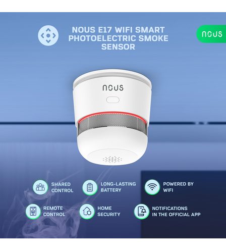 Nous E17 WiFi senzor kouře s červeným světelným prstencem a přehledem funkcí: sdílené ovládání, dlouhá výdrž baterie, Wi-Fi, vzdálené ovládání a notifikace v aplikaci