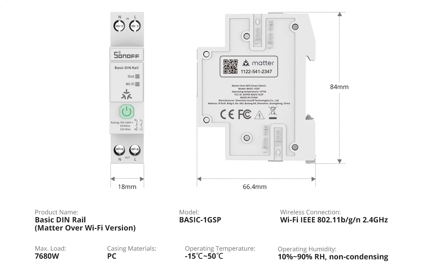 Rozměrové schéma BASIC-1GSP s čelním a zadním pohledem, rozměry 84 × 66,5 × 18 mm a připojením Wi-Fi 2,4 GHz
