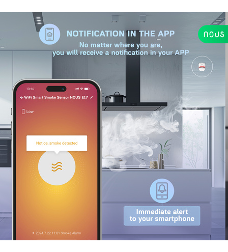 Notifikace o detekci kouře v aplikaci Nous Smart Home na telefonu a kouř v kuchyni