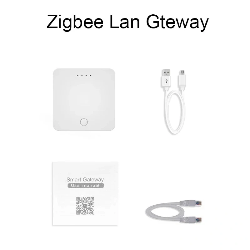 Obsah balení Zigbee LAN brány – jednotka brány, napájecí USB kabel, síťový LAN kabel a tištěný uživatelský manuál na bílém pozadí