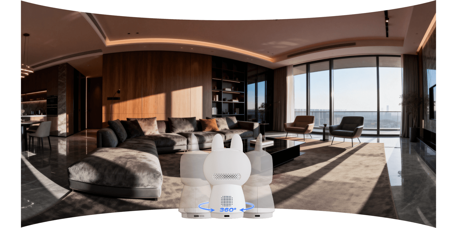 Kamera G350 s 360° pan-tilt natáčením snímající panorama obývacího pokoje