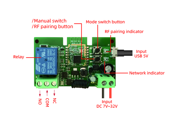 Zigbee 5–32 V RF relé modul – popis prvků