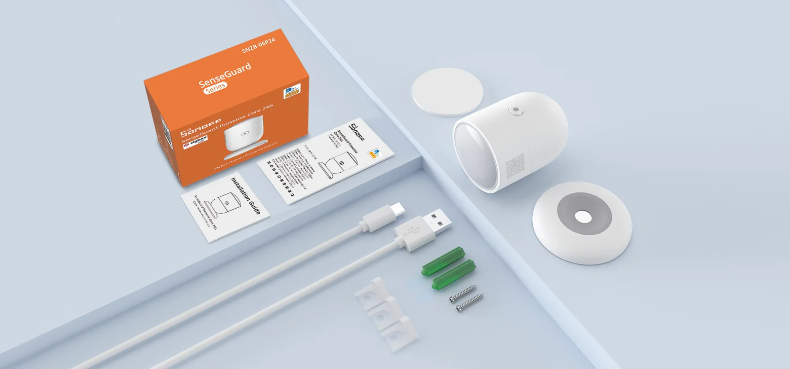 Obsah balení SNZB-06P24: senzor, magnetická základna, kabel USB-C, samolepicí podložka, šrouby s hmoždinkami a instalační příručka