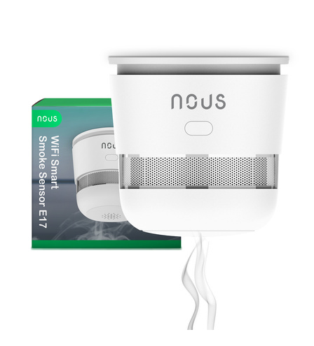 Senzor kouře Nous E17 před prodejní krabicí WiFi Smart Smoke Sensor E17