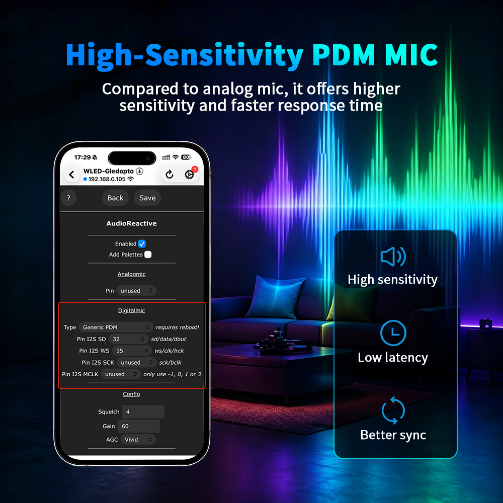 Nastavení digitálního mikrofonu PDM v modulu AudioReactive ve WLED s piny I2S SD 32 a WS 15