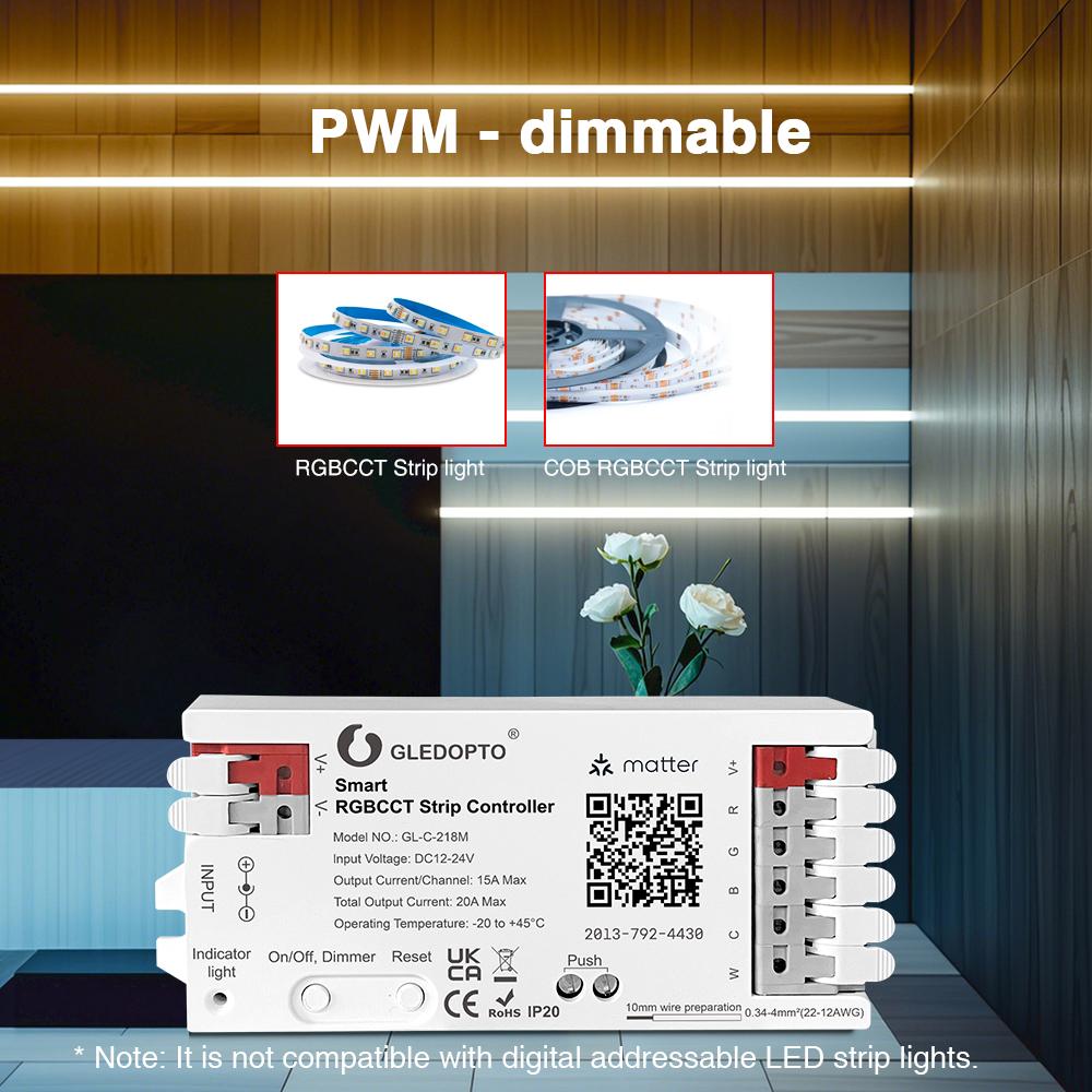 Ovladač Gledopto RGBCCT s ukázkou kompatibilních RGBCCT a COB RGBCCT LED pásků s PWM stmíváním