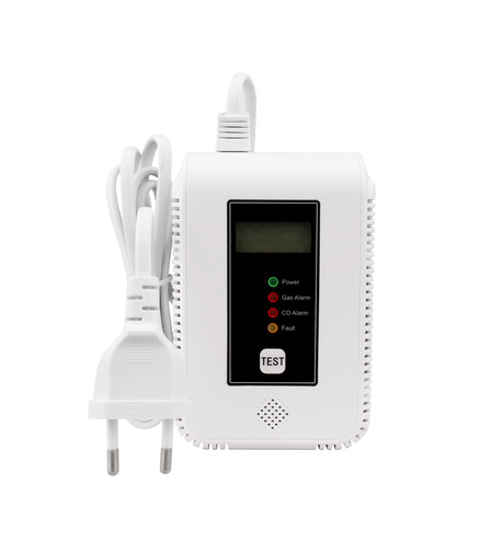 Detektor CO a hořlavých plynů Nous E20 s LCD displejem, kontrolkami Power, Gas Alarm, CO Alarm a Fault, tlačítkem TEST a napájecím kabelem s vidlicí