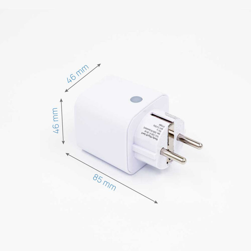 Rozměrový nákres zásuvky Shelly Plug M Gen3 Bílá s vyznačenými rozměry 46 x 46 x 85 mm