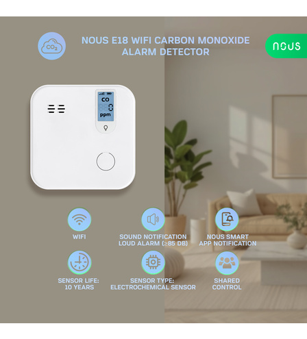 Přehled vlastností detektoru Nous E18: WiFi, alarm 85 dB, notifikace v aplikaci, elektrochemický senzor s životností 10 let a sdílené ovládání