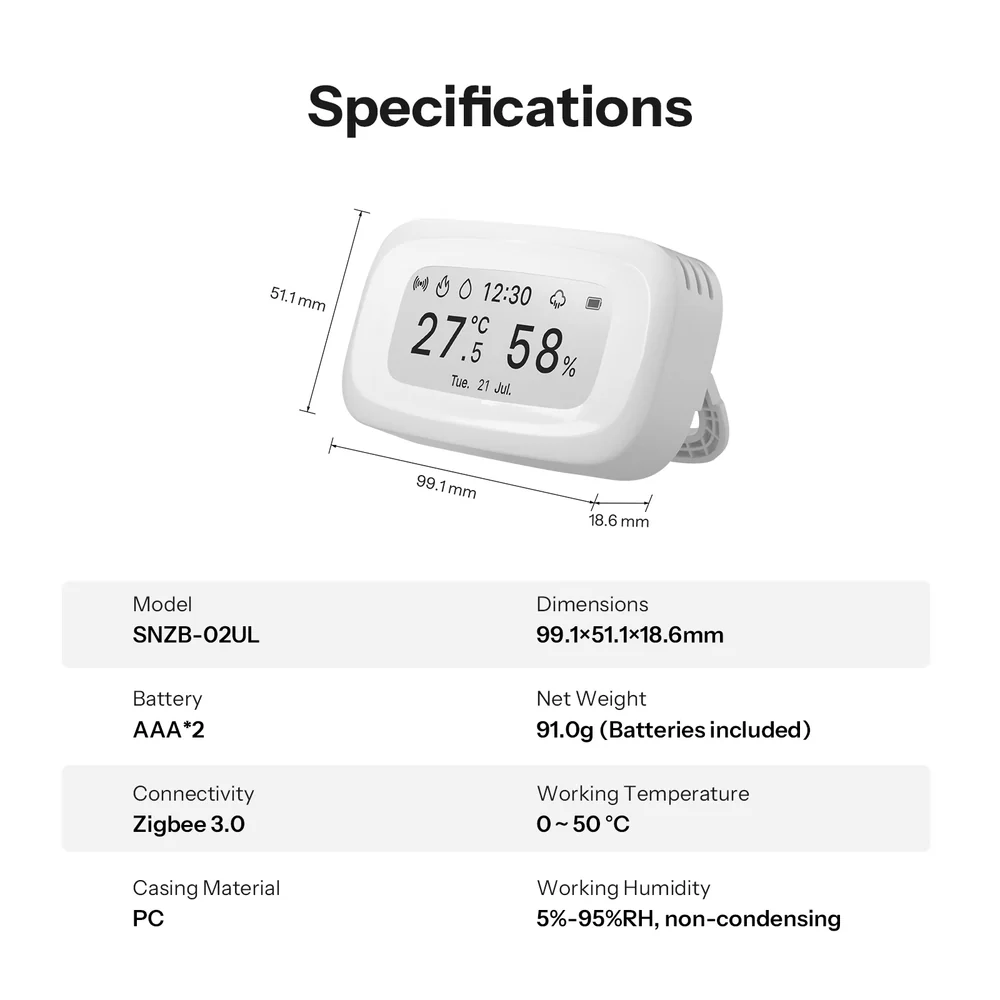 Rozměrový nákres senzoru SNZB-02UL 99,1 × 51,1 × 18,6 mm se základními parametry