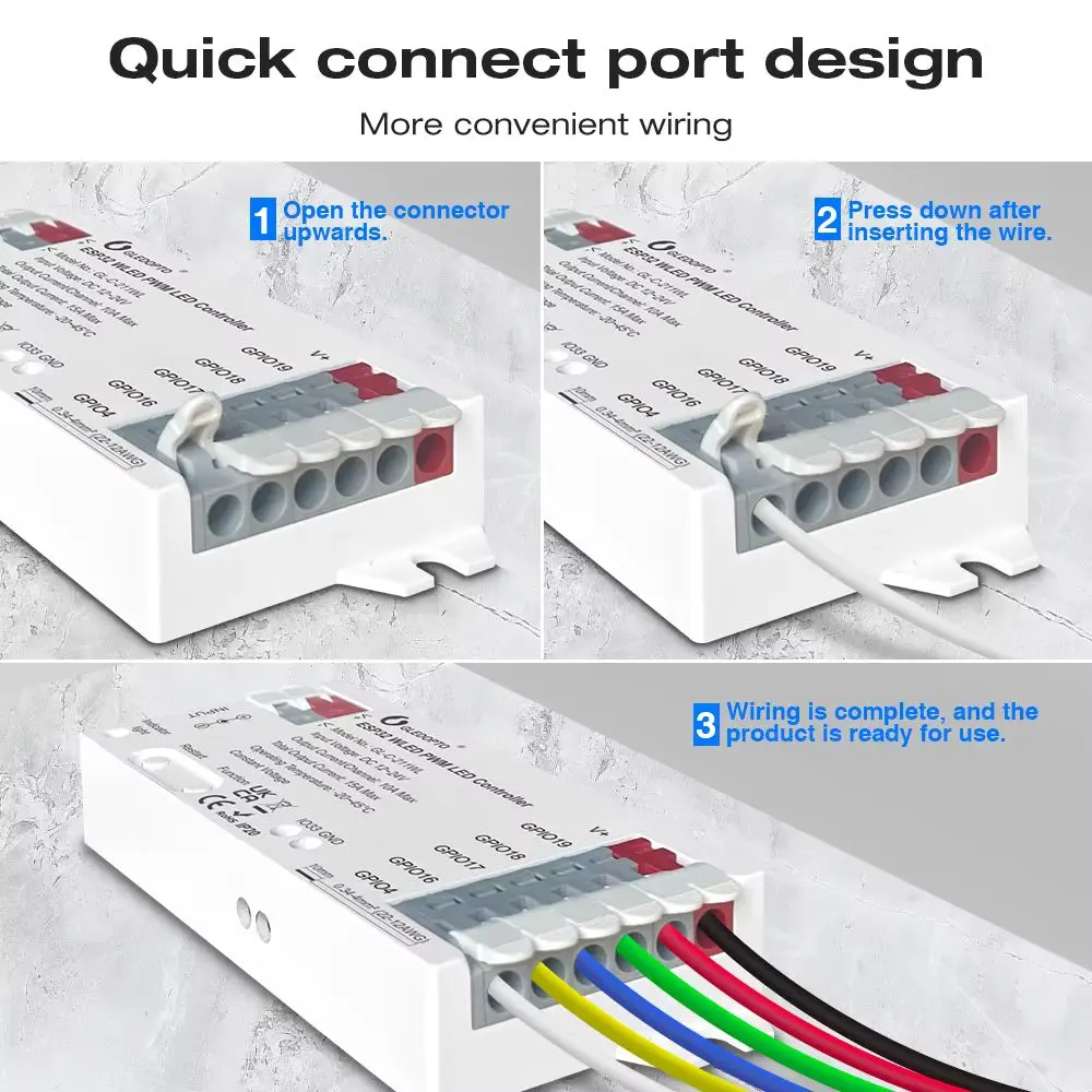 Gledopto GL-C-211WL pohled na svorky a konektory PWM LED kontroléru