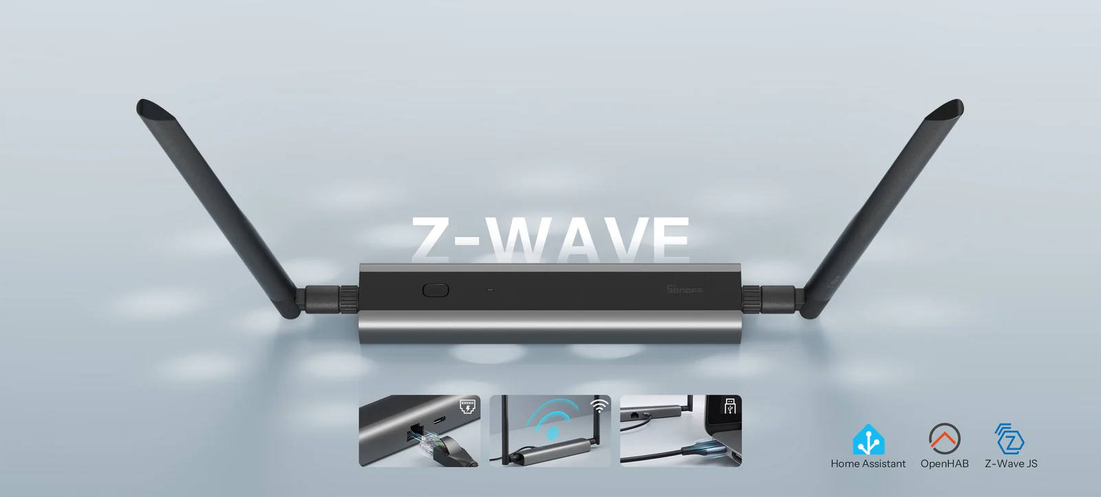Dongle-MZG23 s nápisem Z-WAVE, detaily portů RJ45, USB-C a Wi-Fi a logy Home Assistant, openHAB a Z-Wave JS