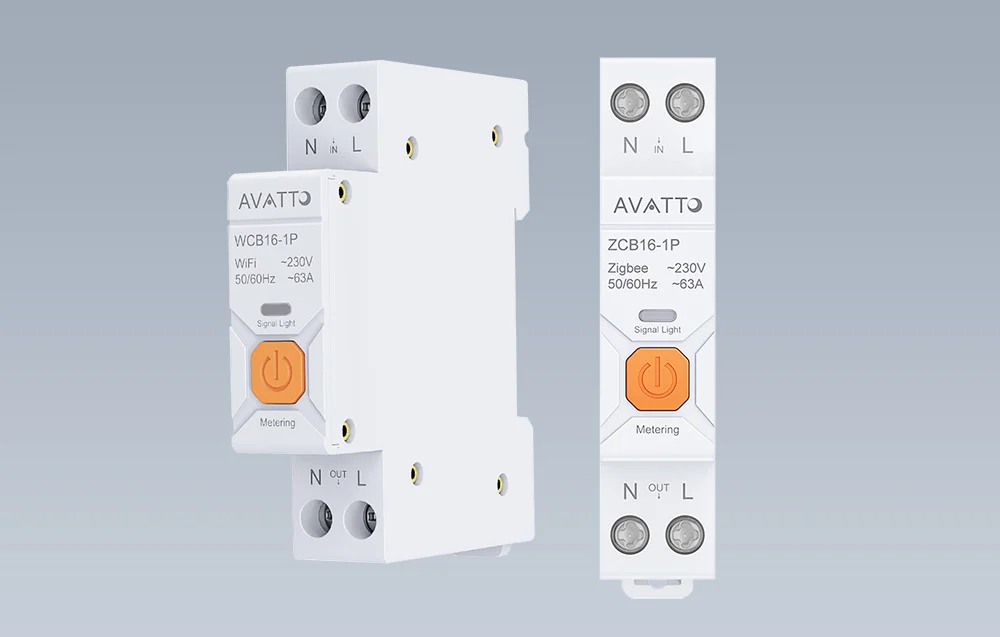 Srovnání dvou modulů Avatto vedle sebe: WiFi verze WCB16-1P a Zigbee verze ZCB16-1P s oranžovými tlačítky