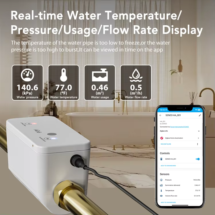 Zobrazení tlaku, teploty, spotřeby a průtoku vody v reálném čase, vpravo telefon s entitami ventilu v Home Assistant