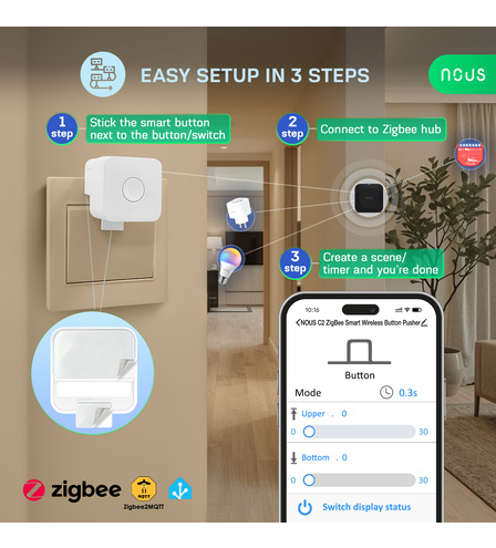 Tři kroky instalace ovladače Nous C2: nalepení k vypínači, připojení k Zigbee bráně a nastavení v aplikaci s volbou polohy ramene