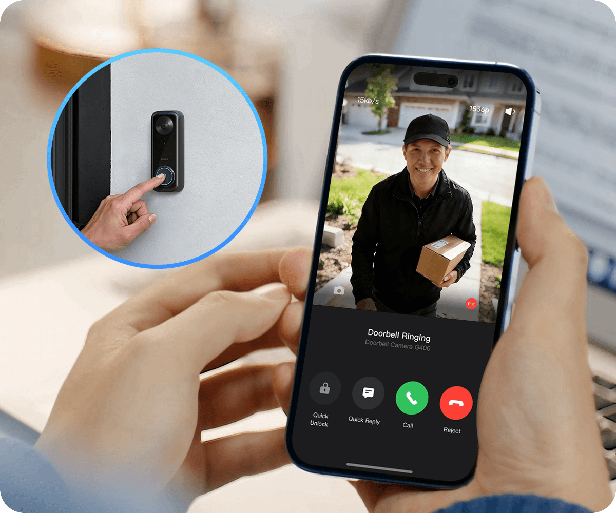 Příchozí hovor z videozvonku v telefonu s možnostmi rychlého odemčení, rychlé odpovědi, hovoru a odmítnutí