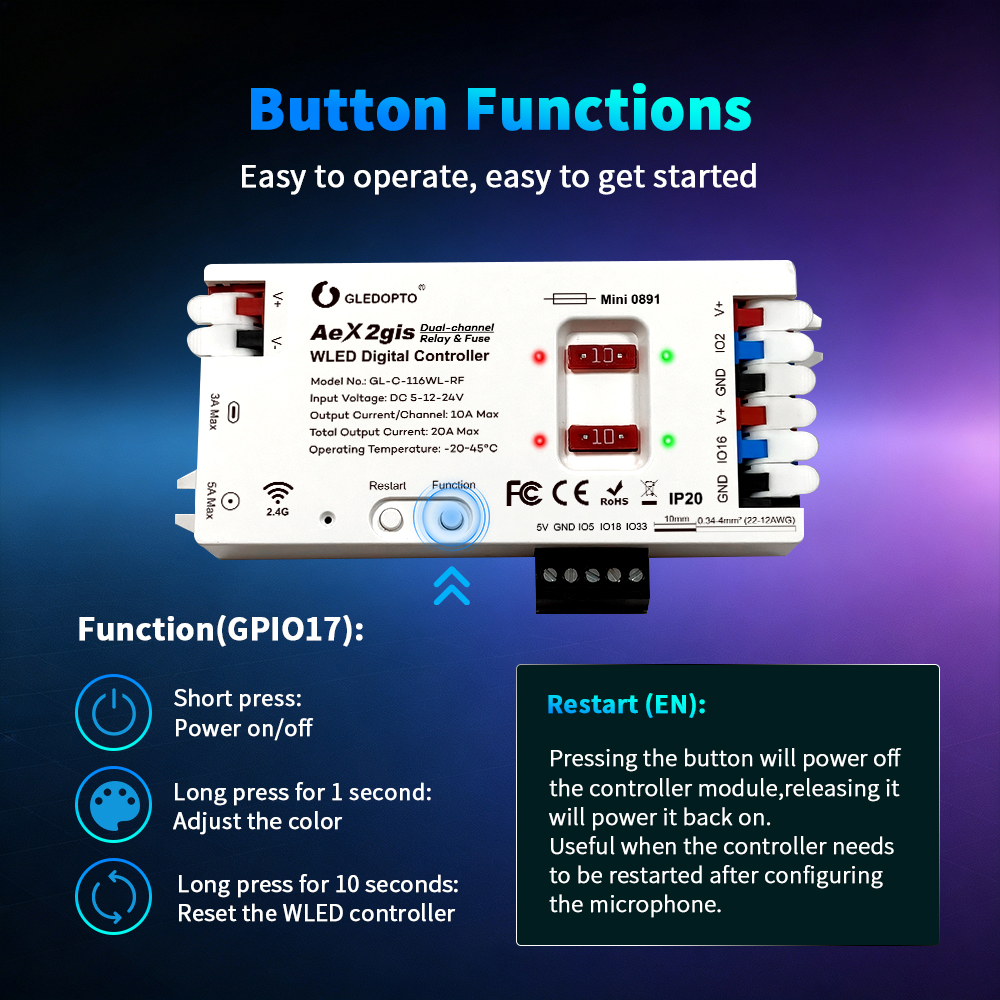 Tlačítka Function a Restart na kontroléru AeX2gis s popisem funkcí krátkého a dlouhého stisku