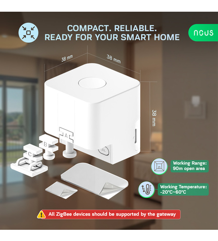 Rozměry ovladače Nous C2 38 x 38 x 38 mm s nástavci ramene A, B, C a lepicími podložkami, dosah 90 m a provozní teplota -20 až 60 °C
