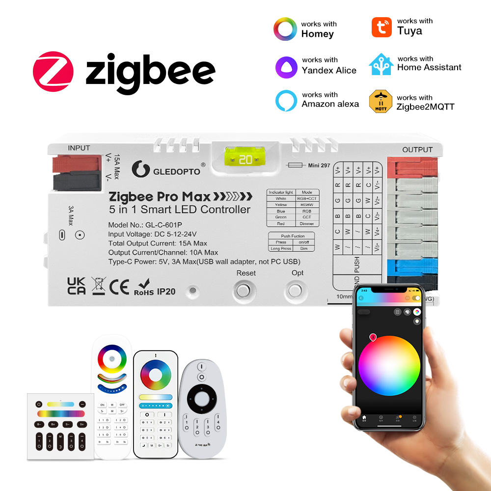 Kompatibilita ovladače Gledopto Zigbee Pro Max s Home Assistant, Zigbee2MQTT, Tuya, Homey, Alexa a dálkovými ovladači RF