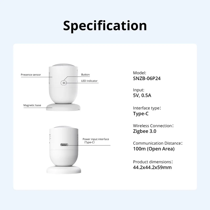 Popis částí SNZB-06P24: čidlo přítomnosti, tlačítko, LED indikátor, magnetická základna a port USB-C, model SNZB-06P24, 5V 0,5A, Zigbee 3.0