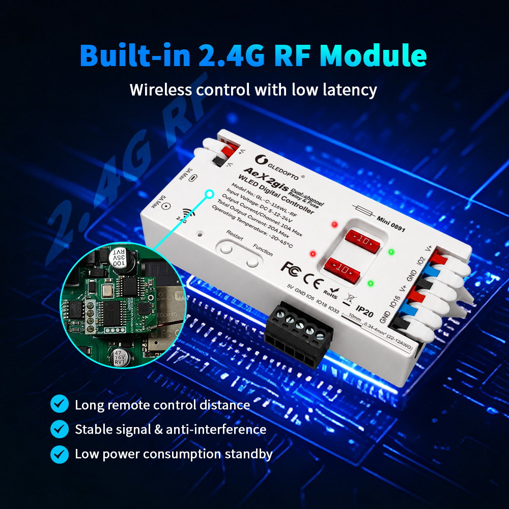 Kontrolér Gledopto AeX2gis s detailem vestavěného 2,4G RF modulu na desce