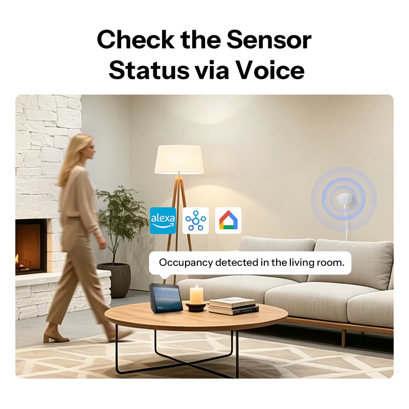Hlasové ověření stavu senzoru přes Alexa, SmartThings a Google Home s hlášením o detekci přítomnosti v obývacím pokoji