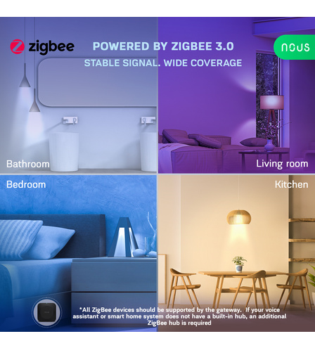 Žárovky Nous P4Z s protokolem Zigbee 3.0 v koupelně, obývacím pokoji, ložnici a kuchyni