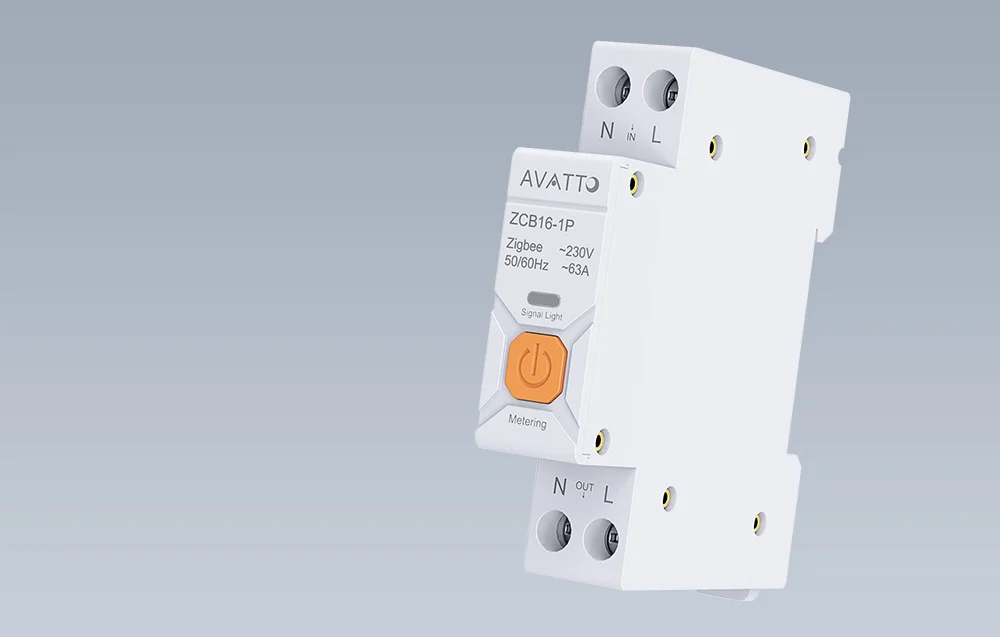 Detailní pohled na modul Avatto ZCB16-1P s tlačítkem Metering a signální LED diodou