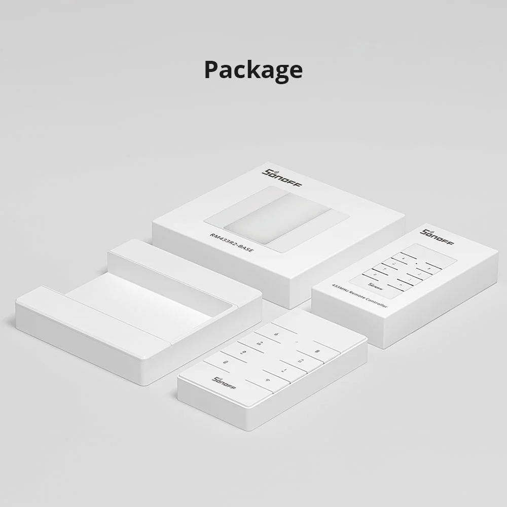 Balení sady Sonoff RM433R2 – krabička ovladače, krabička základny RM433R2-BASE a oba produkty